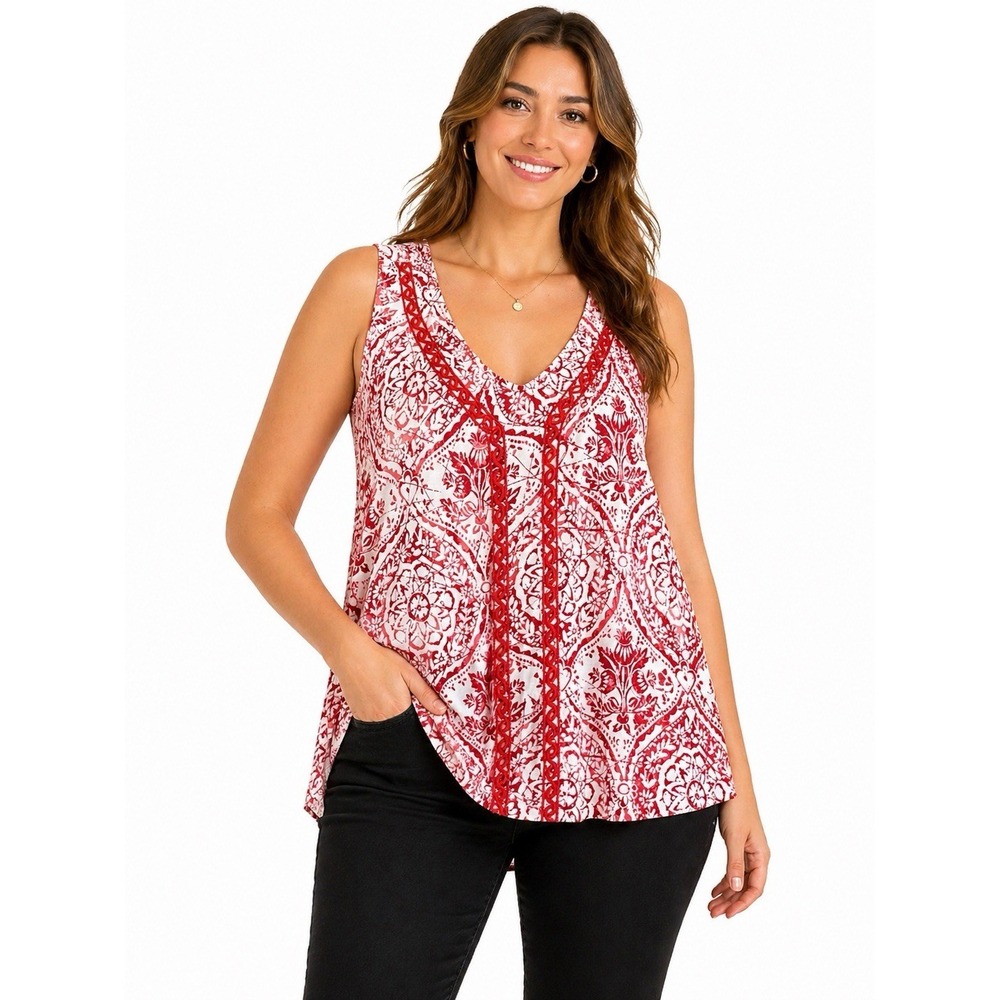Lane Bryant Womens Top 14/16 Red White Print Sleeveless Rayon‎ Spandex Resort